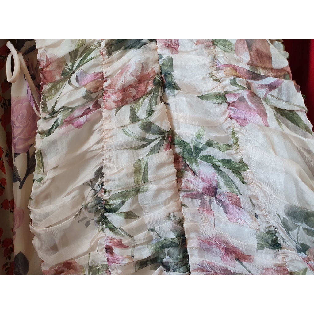 Đầm kimono body sexy màu be họa tiết hoa nhún bèo voan tơ Size S