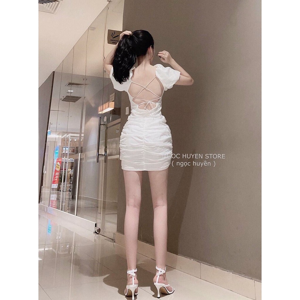 D29 - Váy đầm nữ dáng ôm body hở lưng tay dài đan dây sau lưng