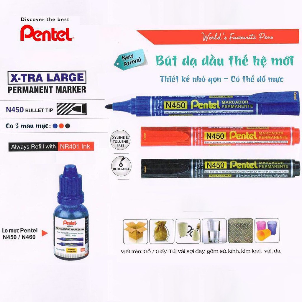 Bút Dạ Dầu Pentel N450 | Thiết Kế Xoay Có Thể Thay Mực | Viết Được Trên Mọi Chất Liệu