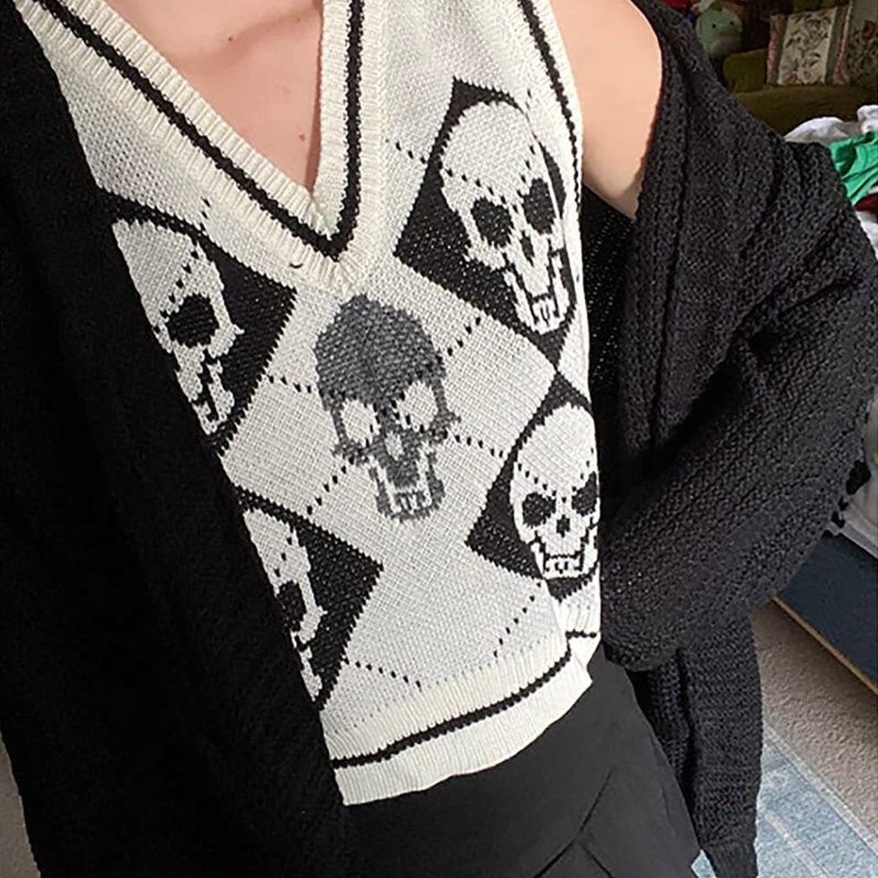 Brroa Áo Len Không Tay Dệt Kim In Hình Đầu Lâu Kim Cương Kẻ Sọc Phong Cách Gothic Punk Harajuku Cho Nữ V-Nec