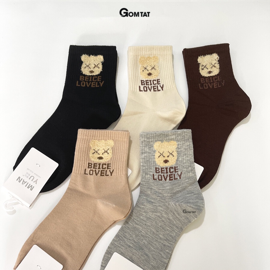 Set 5 đôi tất vớ nữ cổ trung GOMTAT hình gấu mẫu Beice Lovely, chất liệu cao cấp thoáng khí - LISU17-LUNG-GAU-BEICE