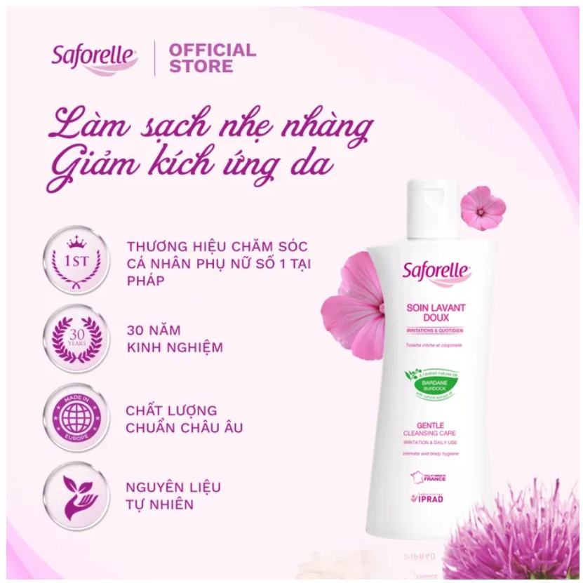 Dung dịch vệ sinh phụ nữ Saforelle Gentle Cleansing Care cao cấp thành phần tự nhiên làm sạch nhẹ dịu 250ml