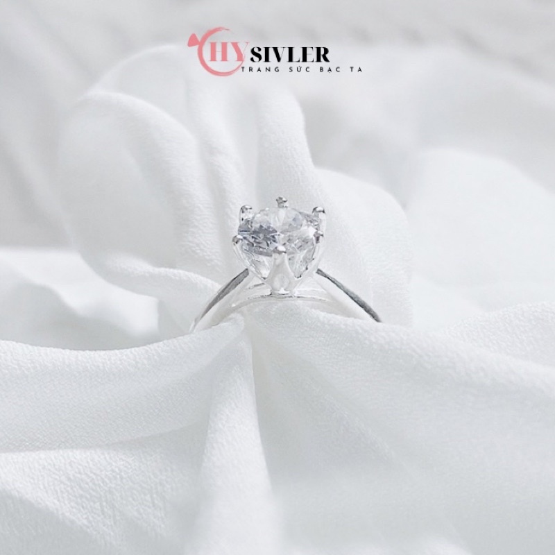 Nhẫn bạc ta trơn đá cao đá chủ 7 ly nhẫn cầu hôn nhẫn nữ bạc thật giá rẻ