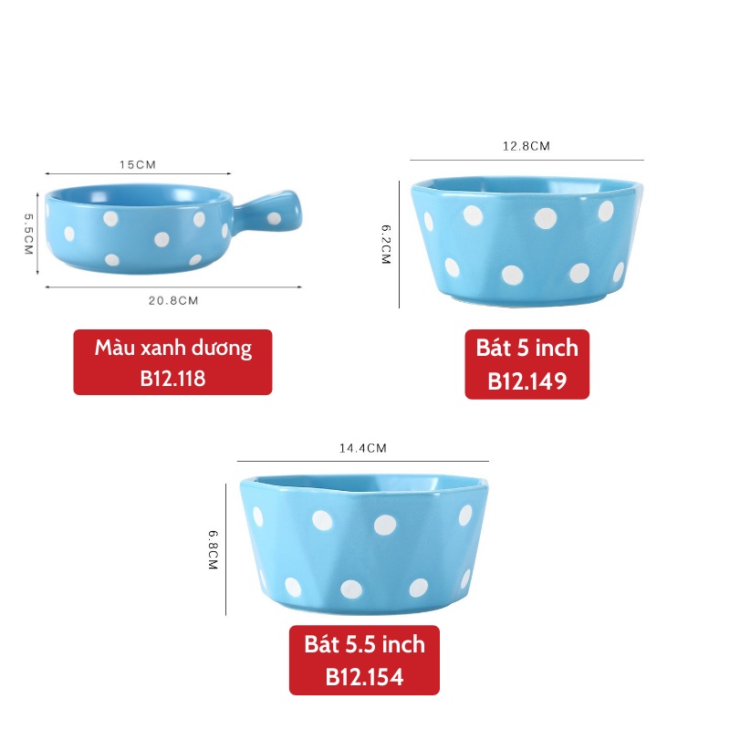 Bát đĩa - Các mẫu bát họa tiết chấm bi trắng nền xanh dương xinh xắn - trang trí căn bếp theo cách của bạn