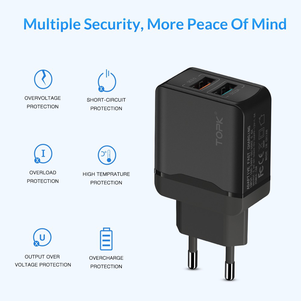 Củ Sạc TOPK B244Q Chia Hai Cổng Kết Nối USB Sạc Nhanh 28W QC 3.0 Đầu Cắm EU Chống Cháy Nổ