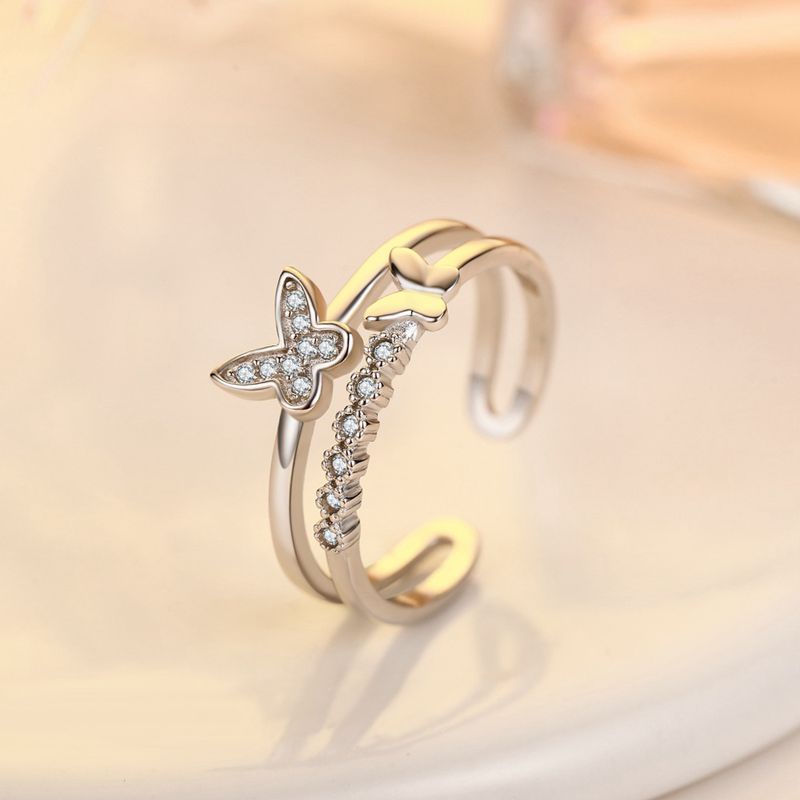 Nhẫn hở mạ bạc hình bướm đính đá zircon có thể điều chỉnh kích thước thời trang