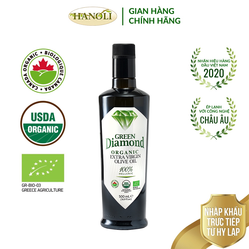 Dầu oliu organic siêu nguyên chất GREEN DIAMOND chai 500ml