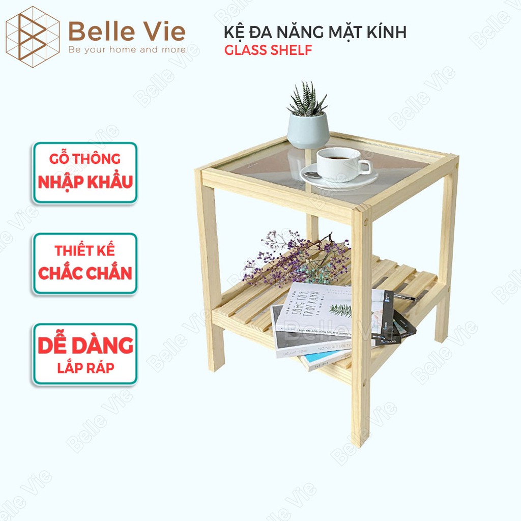 Kệ Đầu Giường Khung Gỗ Mặt Kính 2 Tầng BELLEVIE Kệ Gỗ Tab Đầu Giường Mặt Kính Glass Shelf | BigBuy360 - bigbuy360.vn