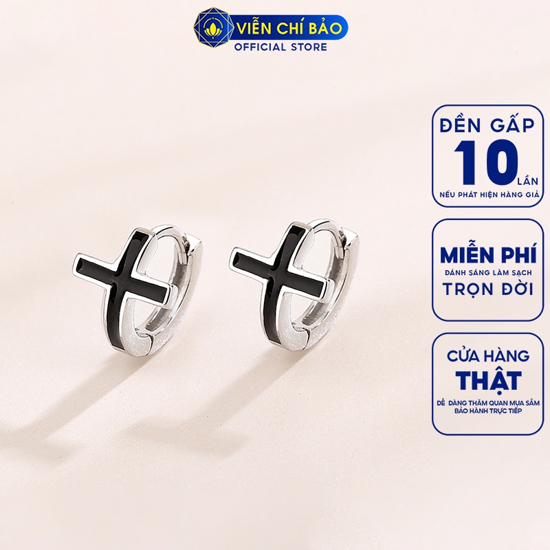 Bông tai bạc unisex chữ thập trơn đen chất liệu bạc 925 thời trang phụ kiện trang sức nữ Viễn Chí Bảo B100033