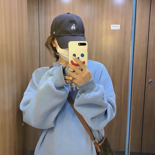 [Spot] Áo sweater chui đầu cổ tròn dáng rộng màu xanh sữa in chữ phong cách Hàn Quốc