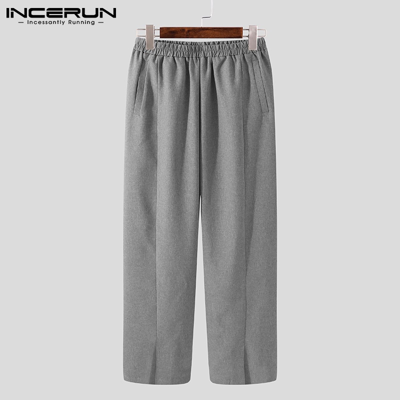 Quần INCERUN ống rộng thẳng lưng co giãn màu trơn thời trang cho nam