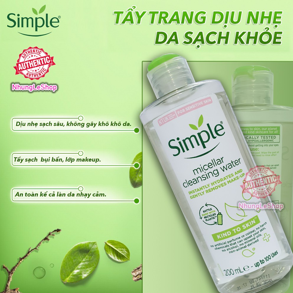 Chính Hãng Nước Tẩy Trang Simple Dịu Nhẹ Kind To Skin Micellar Water 200ml UK