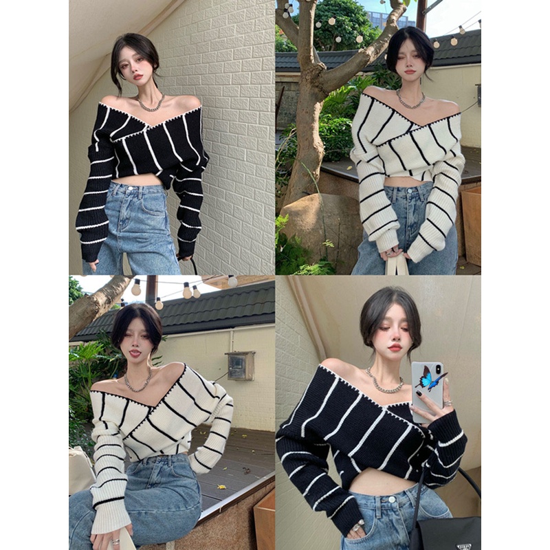 QKOOLE  Áo Croptop Dệt Kim Tay Dài Trễ Vai Cổ Chữ V Hoạ Tiết Kẻ Sọc Phong Cách Hàn Quốc Cho Nữ