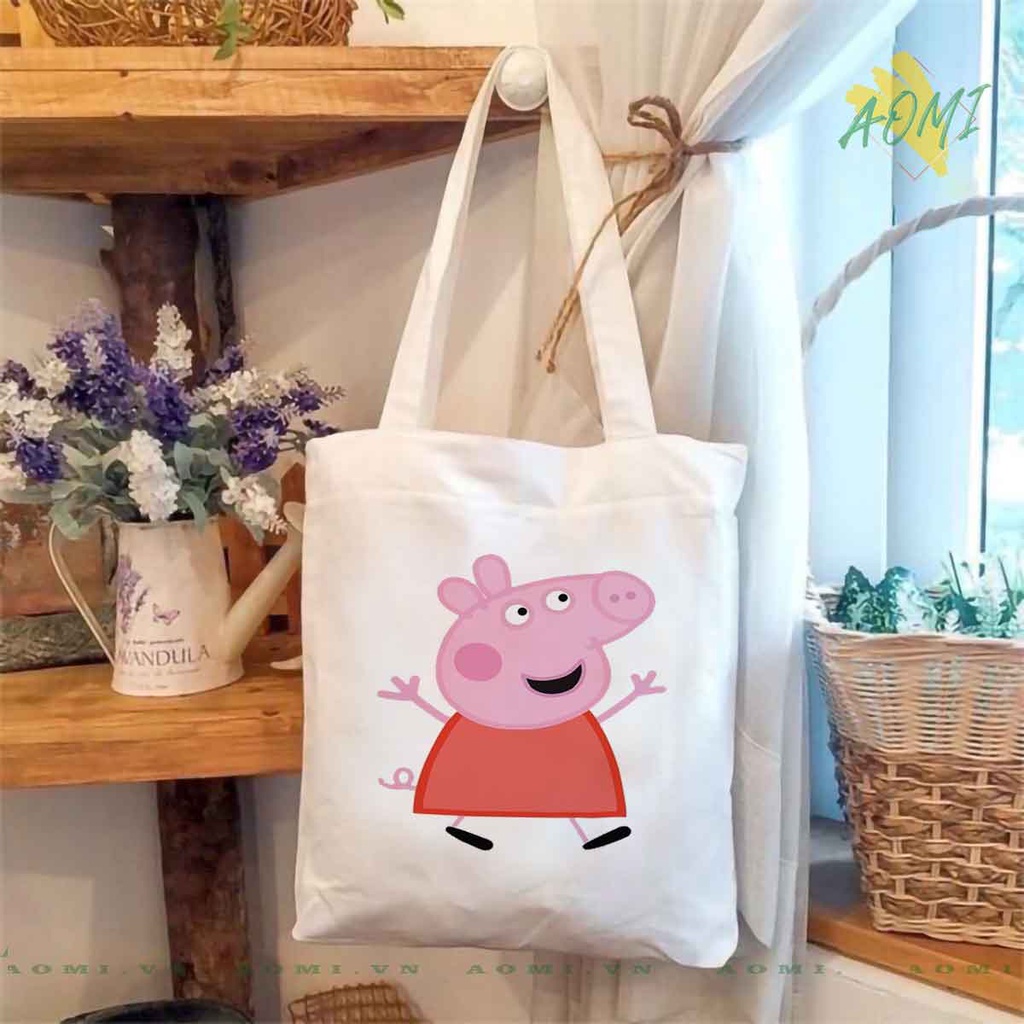 TOTE CANVAS heo peppa TÚI VẢI ĐEO VAI BAG CÓ KHÓA KÉO SIZE LỚN 33x38cm AOMIVN DU LỊCH DẠO PHỐ