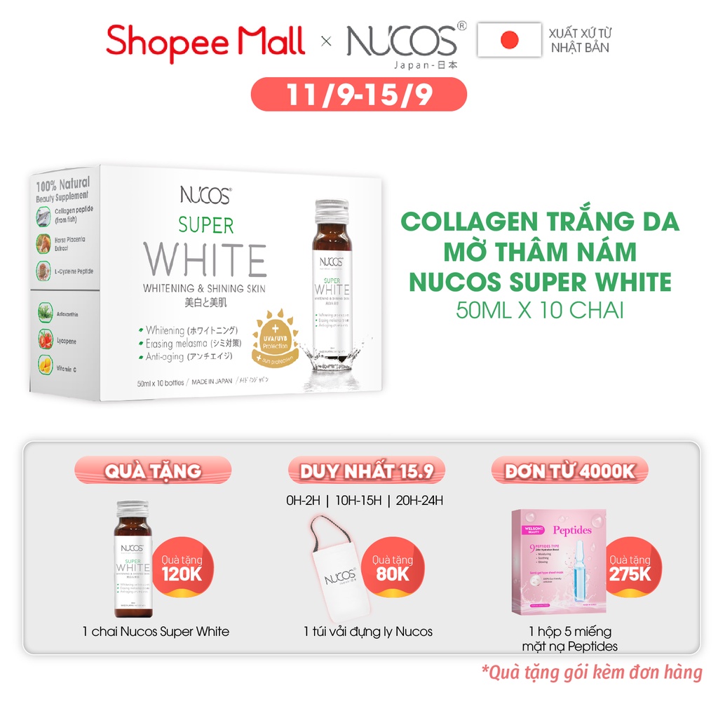 Collagen trắng da mờ thâm nám Nucos Super White 50ml x 10 chai
