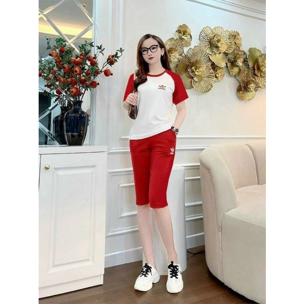 Set Cotton Lửng Dáng Thể Thao - Tay Áo Phối Màu Đơn Giàn - SP Y Hình