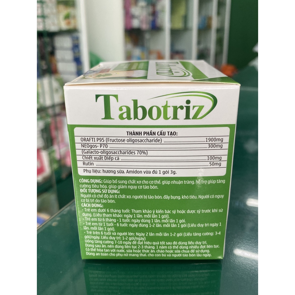 Tabotriz - Hỗ trợ bổ sung chất xơ cho cơ thể, hỗ trợ giảm nguy cơ táo bón, tăng cường tiêu hoá và hỗ trợ nhuận tràng