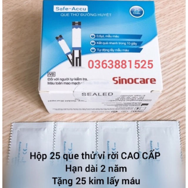 Que thử đường huyết Safe Accu Sinocare dạng vỉ CAO CẤP, SIÊU RẺ, chất lượng Đức, tặng 25 kim lấy máu