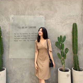 ĐẦM CỔ V NÚT BỌC CHIẾT EO ĐI LÀM ĐI DẠO