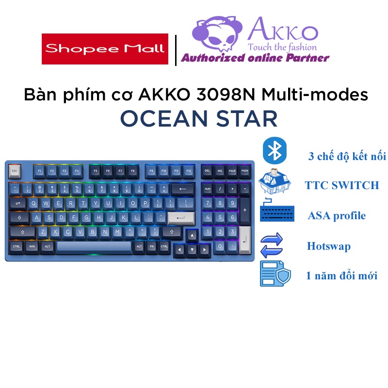 Bàn phím cơ không dây AKKO 3098N Multi-modes Ocean Star (Hotswap / Foam tiêu âm / Foam đáy / TTC switch)