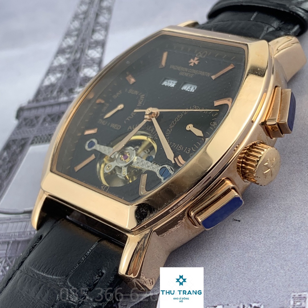 Đồng hồ Nam Vacheron máy nhật, mẫu mặt vuông lịch tuần trăng, mặt đen viền vàng , dòng cơ Automatic size 40mm-41mm
