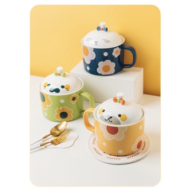 Tô sứ có nắp ngộ nghĩnh, bát ăn mì có quai, chén sứ cỡ lớn đựng canh, súp, mì siêu tiện lợi