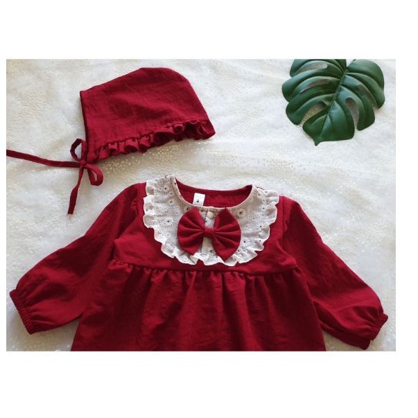 Áo liền quần đỏ mận cho bé kèm giày và nón