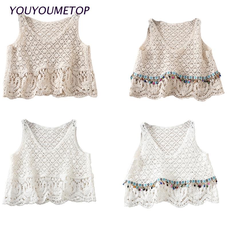 Áo Croptop Dệt Kim Không Tay Cổ Chữ V Phối Tua Rua Nhiều Màu Sắc Phong Cách Boho Dành Cho Nữ