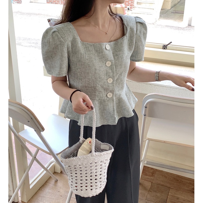 Áo Kiểu Tay Phồng Ngắn Cổ Vuông Thời Trang Hàn Quốc Xinh Xắn Cho Nữ