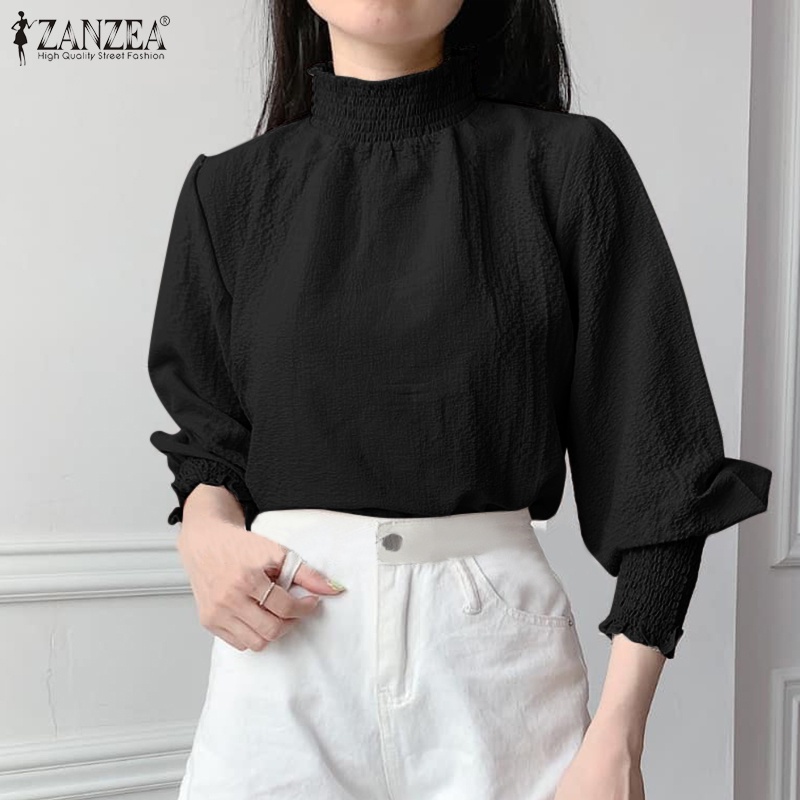 Áo kiểu Zanzea tay dài cổ đứng màu trơn thiết kế xếp ly phong cách vintage thời trang cho nữ