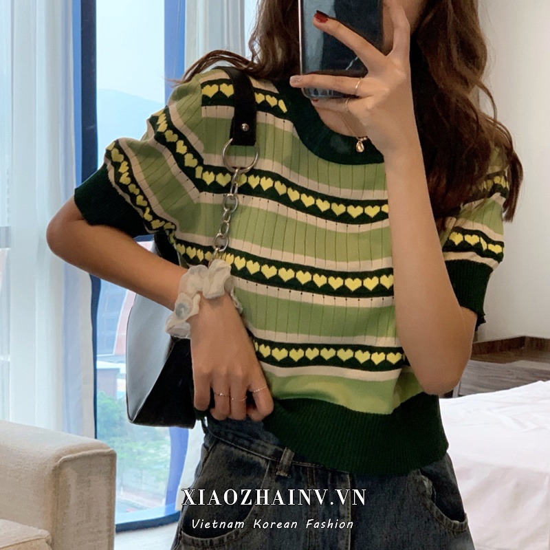 Xiaozhainv Áo thun nữ ngắn tay cổ tròn thời trang Hàn Quốc