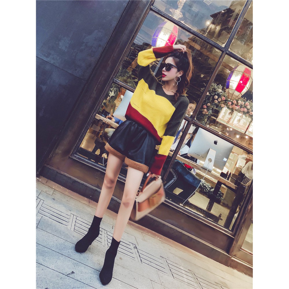 Áo len trùm đầu V- cổ + quần da PU quảng châu order | BigBuy360 - bigbuy360.vn