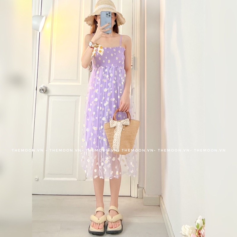 Đầm 2 dây nữ dáng midi 2s hoạ tiết hoa cúc tím mặc mùa hè màu tím