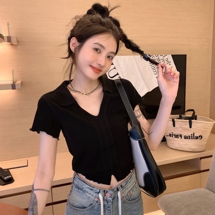 【ZHELIHANGFEI】Áo Thun POLO Dệt Kim Ngắn Tay Hở Eo Quyến Rũ