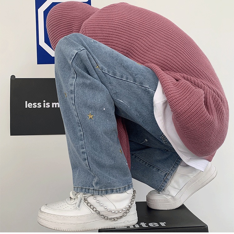 Quần jean dài dáng rộng thêu họa tiết ngôi sao cá tính thời trang dành cho nam