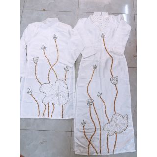 ÁO DÀI CẶP TRẮNG KẾT HỌA TIẾT HOA SEN