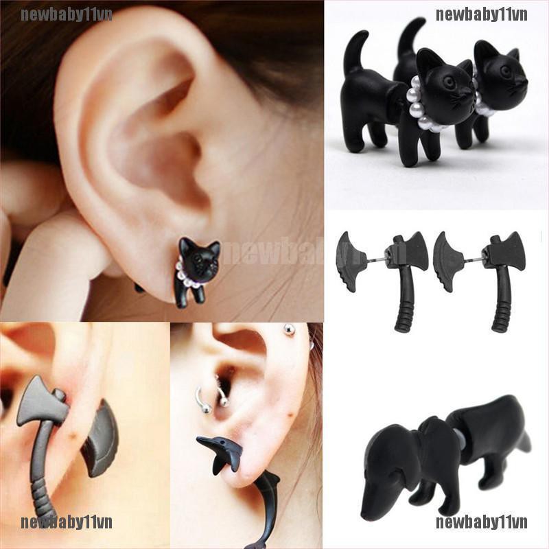 1 Khuyên Tai Unisex Hình Mèo Đen Ngọc Trai