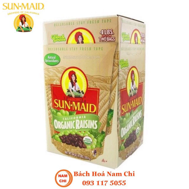 NHO KHÔ BÀ ĐẦM HỮU CƠ SUN-MAID ORGANIC RAISINS HỘP JUMBO SIZE 1814G GỒM 2 TÚI 907G (CHUẨN USA)