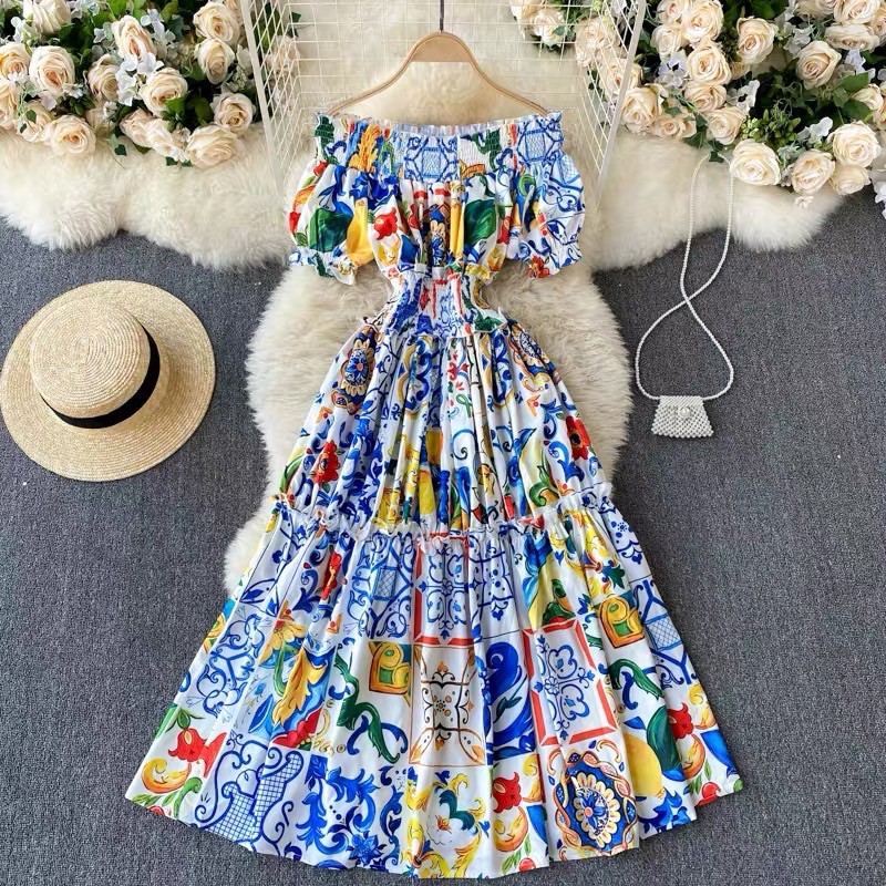 đầm xoè trễ vai bo eo thun qc