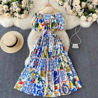 Đầm xoè trễ vai bo eo thun qc