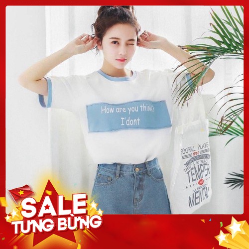 ( SALE GIÁ SỐC) Áo thun nữ Ao thun nu trắng xanh chữ trước ngực xinh tươi, năng động