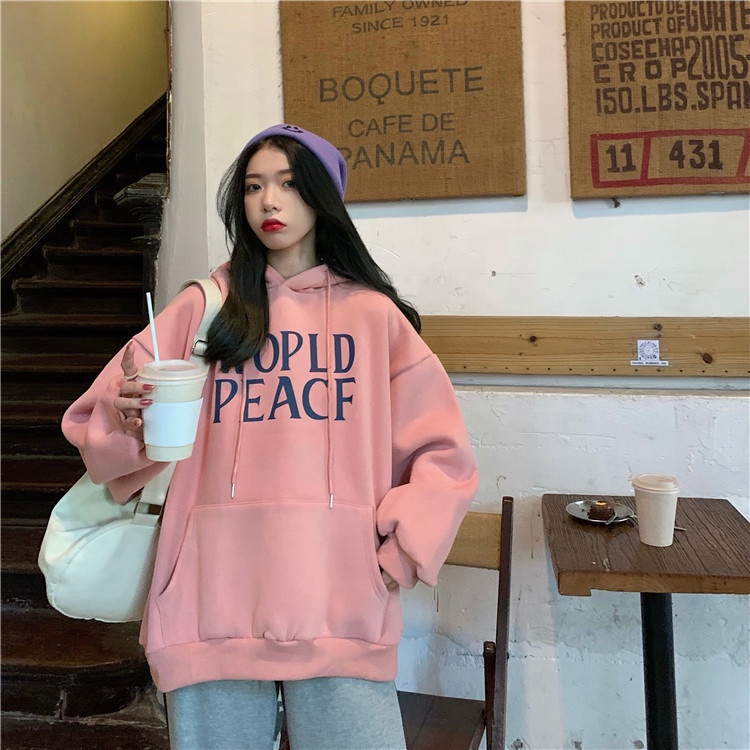 Áo hoodie tay dài dáng rộng in chữ WOPLD PEACF size lớn phong cách Hàn Quốc dành cho nữ 681101#