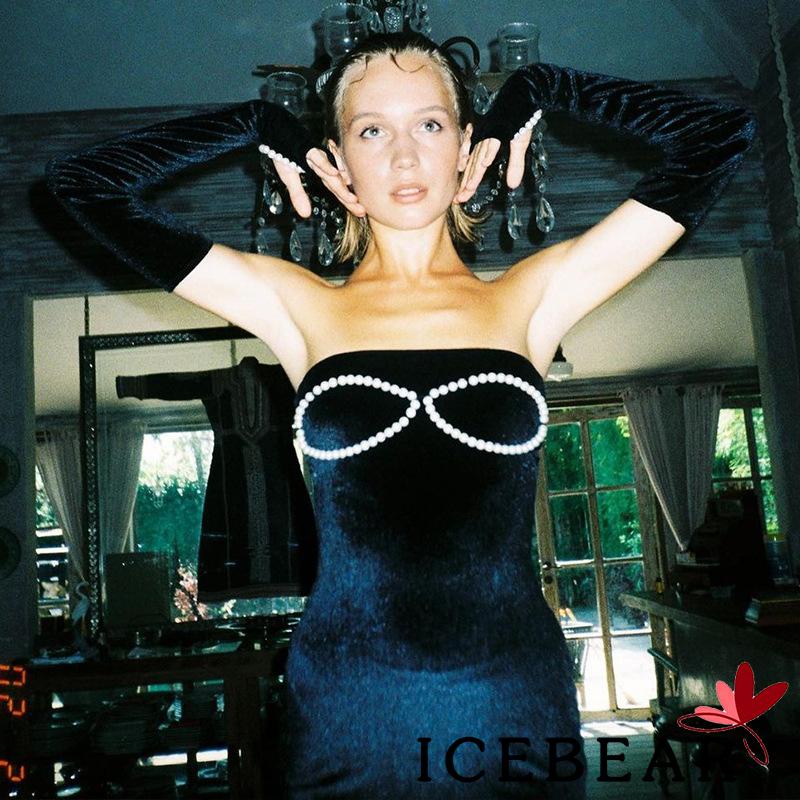 Đầm Dáng Ôm Hở Vai Màu Đen Đính Ngọc Trai Trang Trí Thanh Lịch Size S / M / L