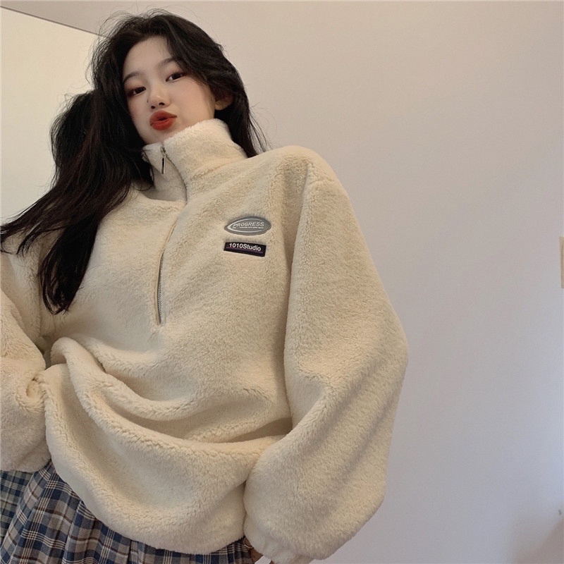Áo Lông Cổ Cao CRO Khóa Kéo 🦋 Áo Dài Tay Nữ Dây Rút Hông Dáng Rộng 2 Màu 🦋