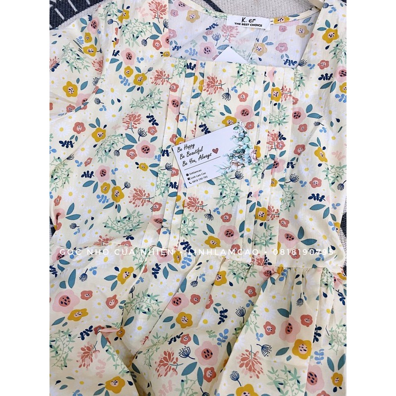 Váy Babydoll Hoa Nhí Vintage Cổ Vuông Xếp Ly Ngực