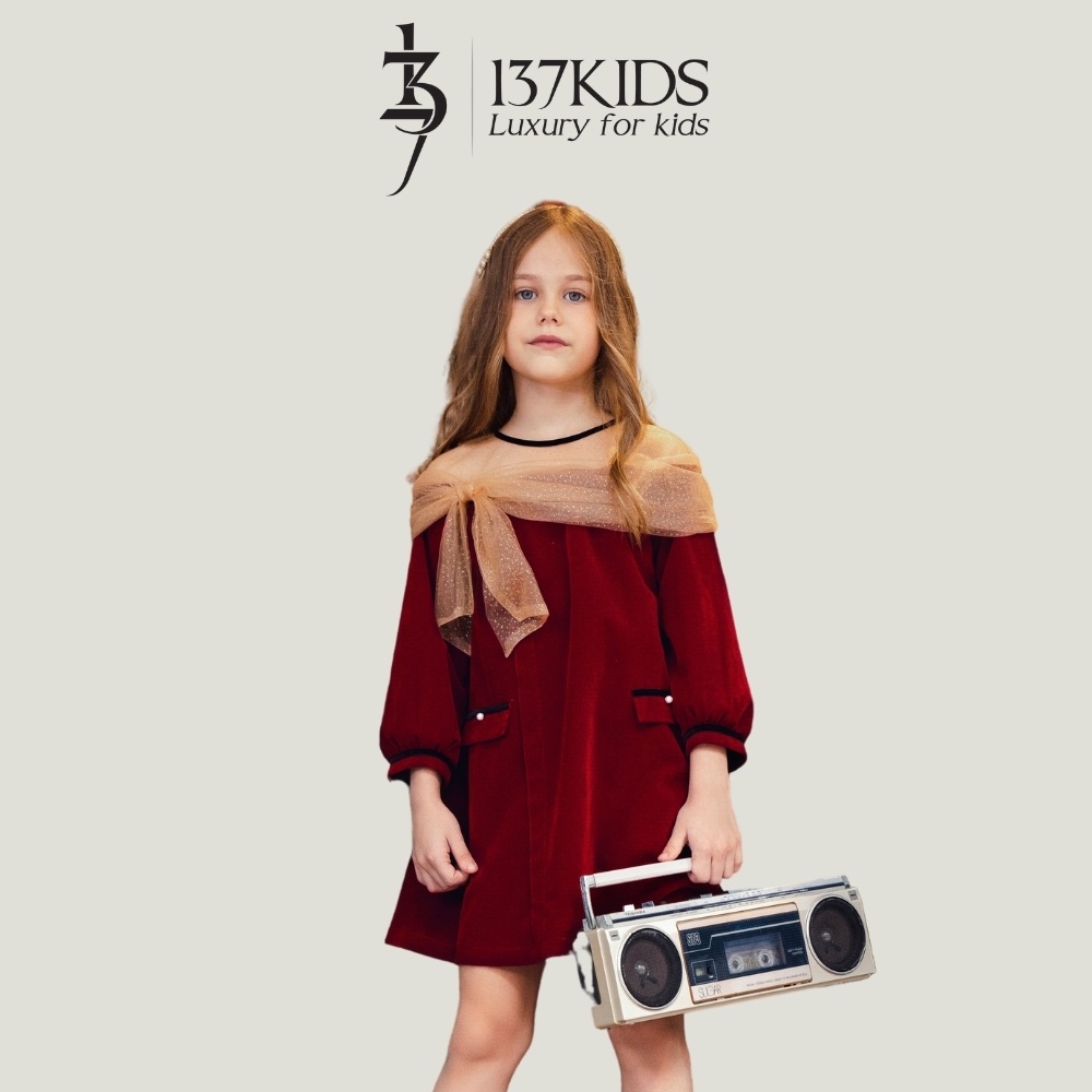 Váy nhung đỏ cổ voan nơ ngực Cherry 137KIDs thiết kế cho bé gái