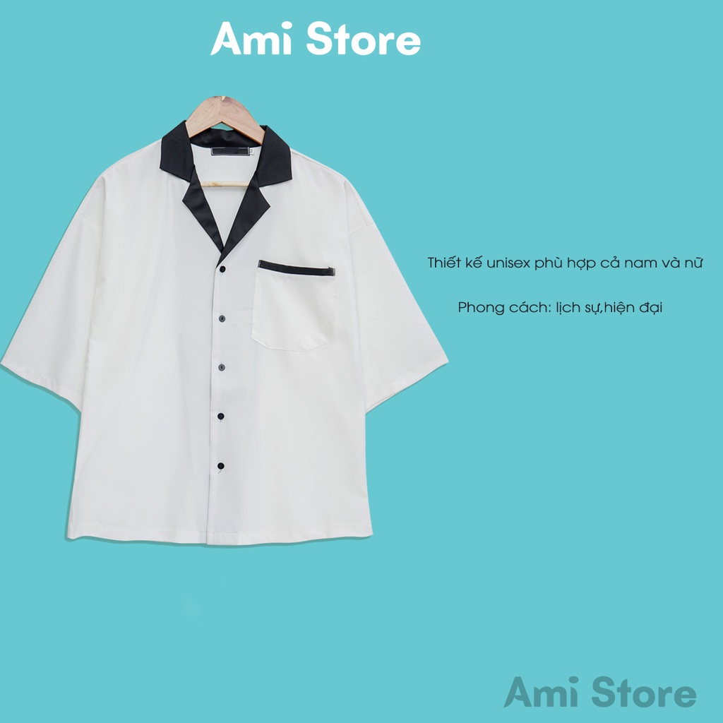 Áo sơ mi unisex ngắn tay, cổ pijama  phối màu đen trắng áo somi nam nữ phong cách Hàn Quốc Ami Store SM07