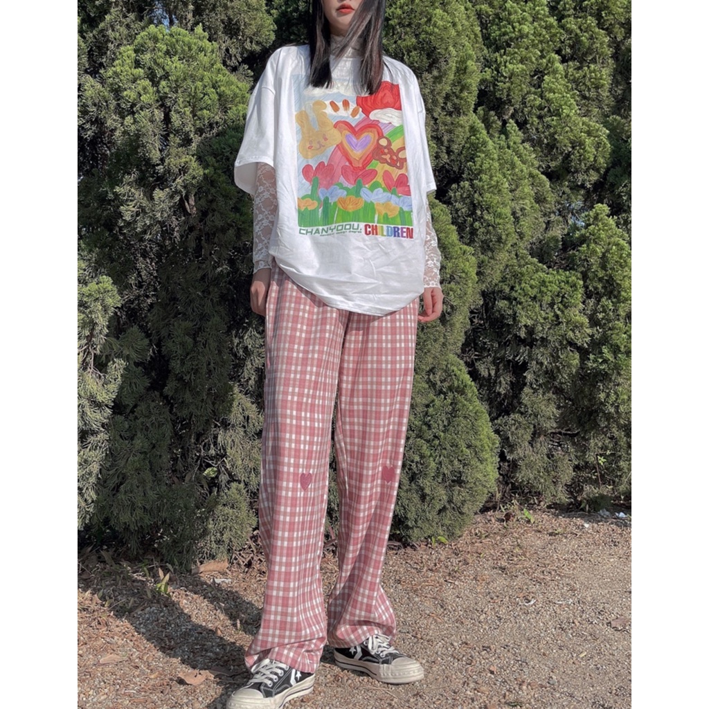 Quần dài ZHELIHANGFEI ZHELIHANGFEI ống rộng họa tiết sọc caro thời trang cho nữ