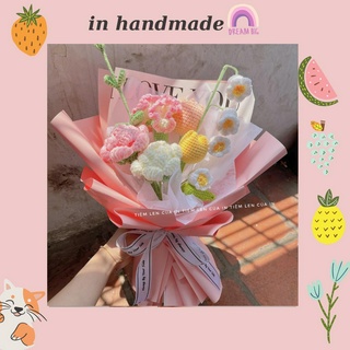 Bó hoa bằng len handmade mix tone hồng (ảnh thật)