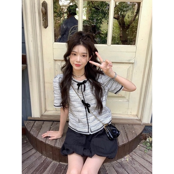 Sét Áo Dạ Xám Tiêu 2 Nơ Mix Chân Váy Phồng